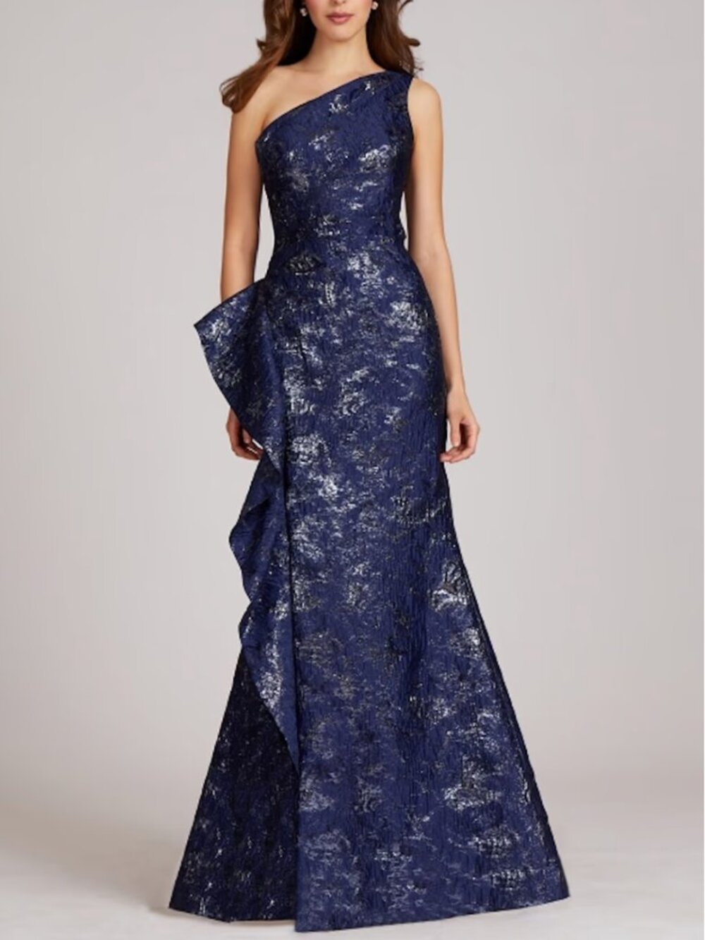 Teri Jon $800 Navy Metallic One Shoulder Ruffle Gown Size 10